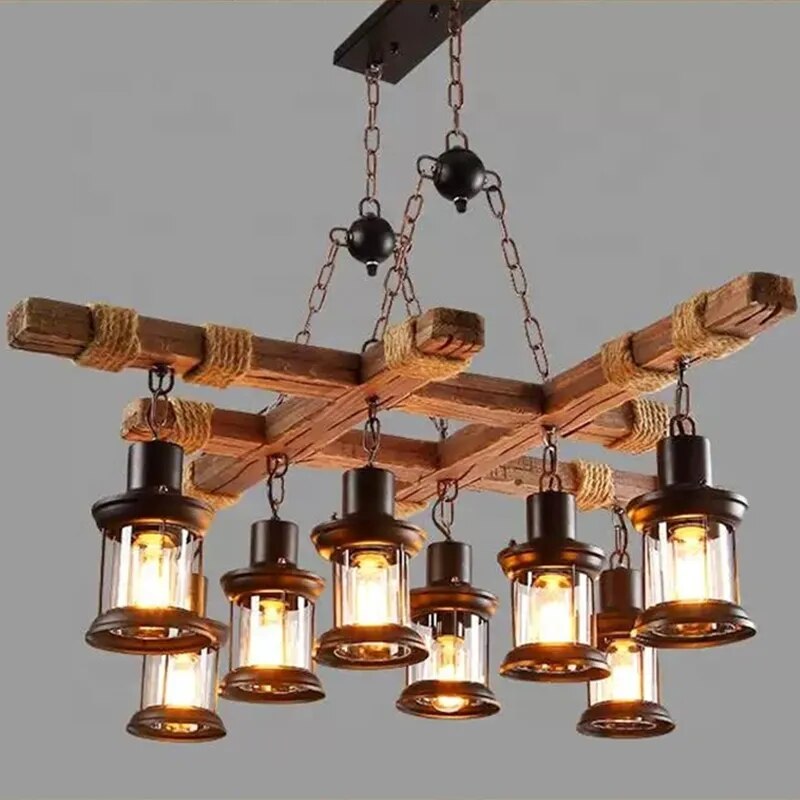 American Rustic Ship Wood Lantern Chandelier